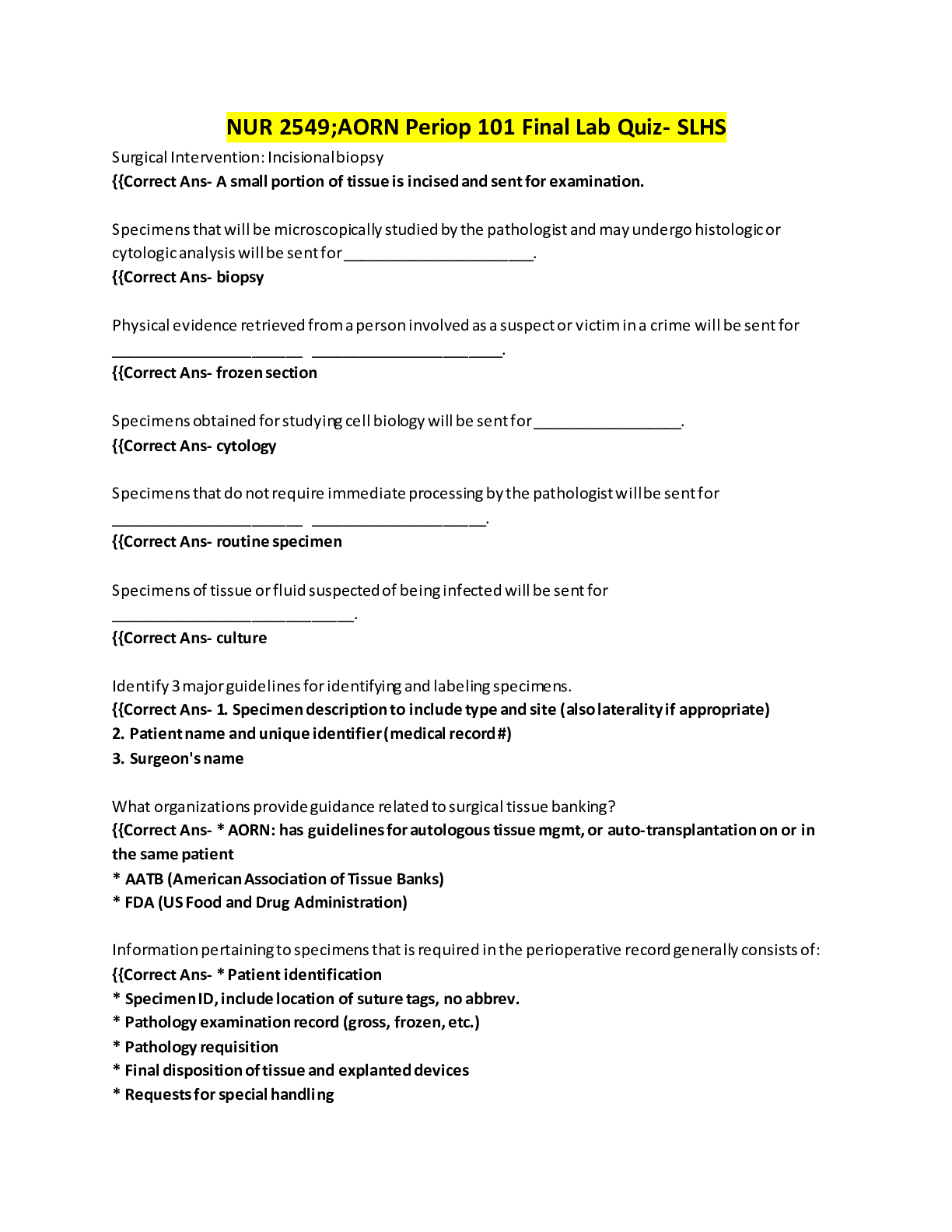 Preview image for NUR 2549;AORN Periop 101 Final Lab Quiz- SLHS